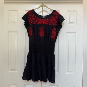 Madison Matthews Navy and Red Embroidered Drop Waist Dress